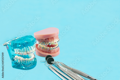 orthodontic model and dentist tool - demonstration teeth model of varities of orthodontic bracket or brace photo