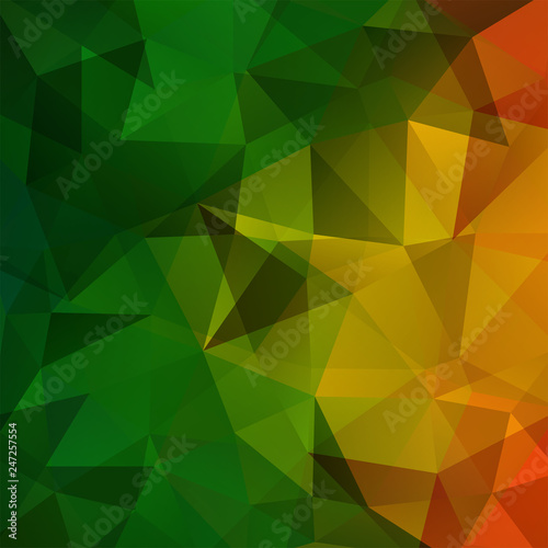Geometric pattern, polygon triangles vector background in green, orange, yellow tones. Illustration pattern
