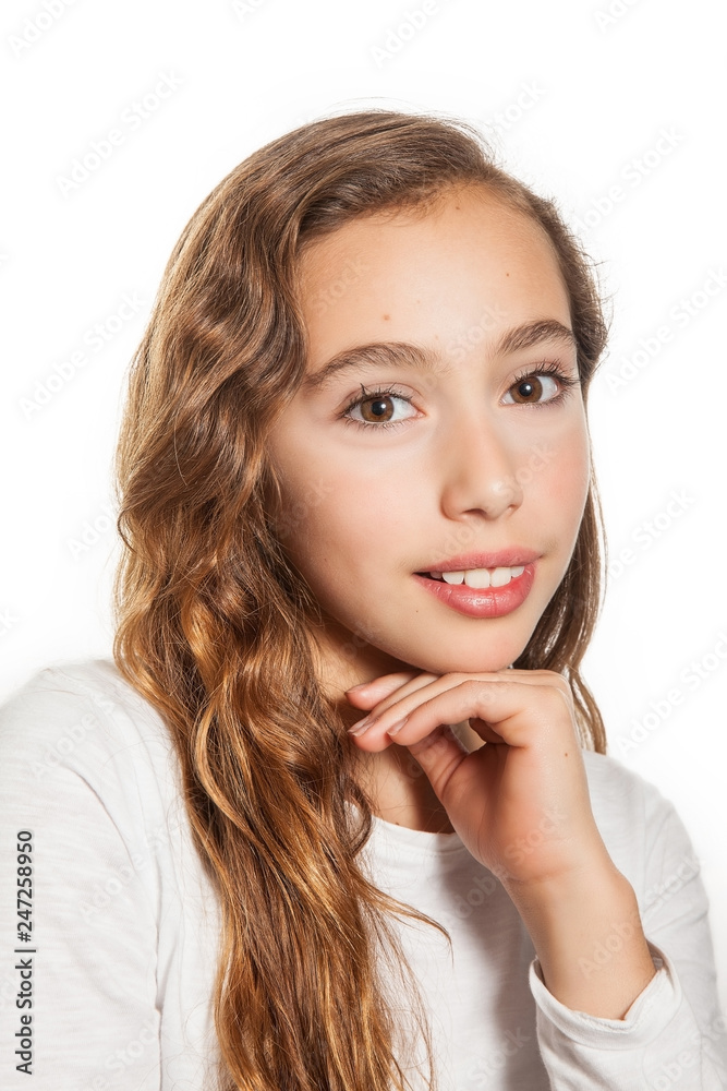 Beautiful young girl thinking or having an idea isolated on white background Beautiful young girl thinking or having an idea isolated on white background