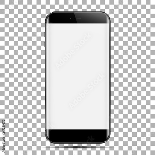 Realistic smartphone in black color with blank touch screen. Created by your present mobile app design, adaptive web design and davelopment. Isolated on transparancy background.