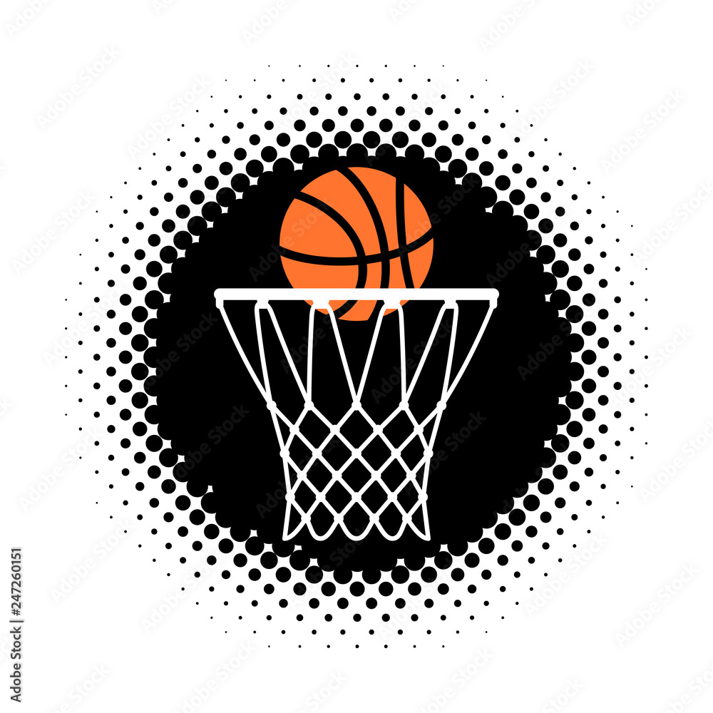 Basketball hoop and ball icon on half tone round shape