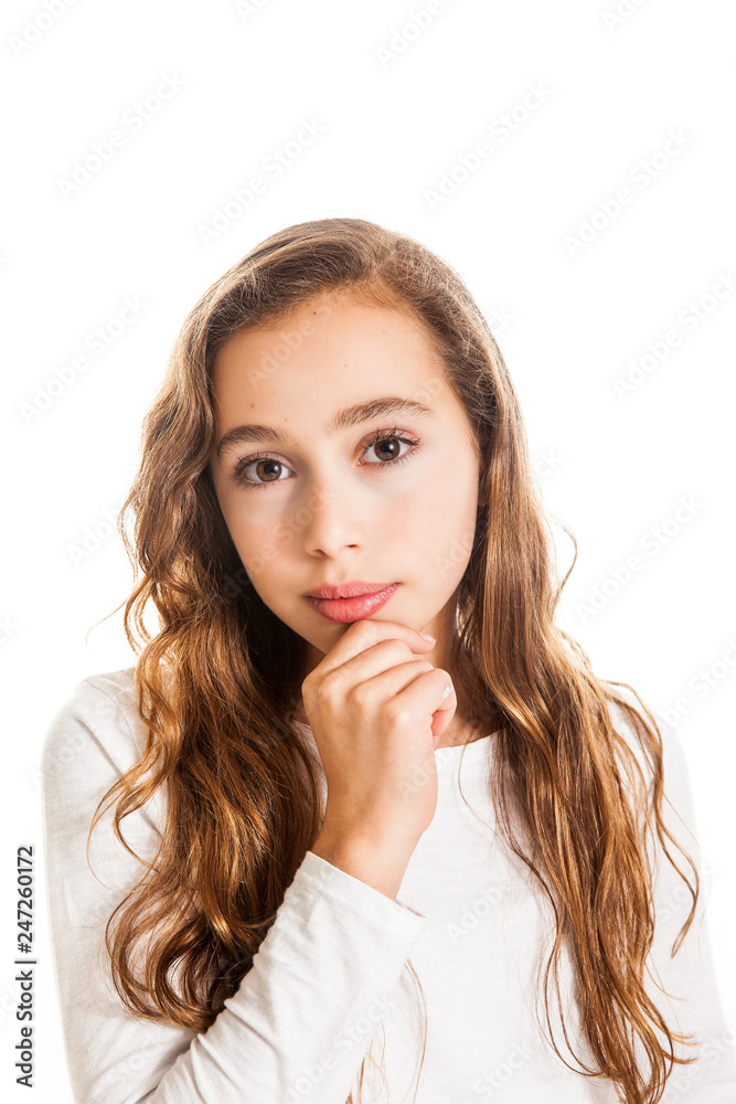 Beautiful young girl thinking or having an idea isolated on white background Beautiful young girl thinking or having an idea isolated on white background