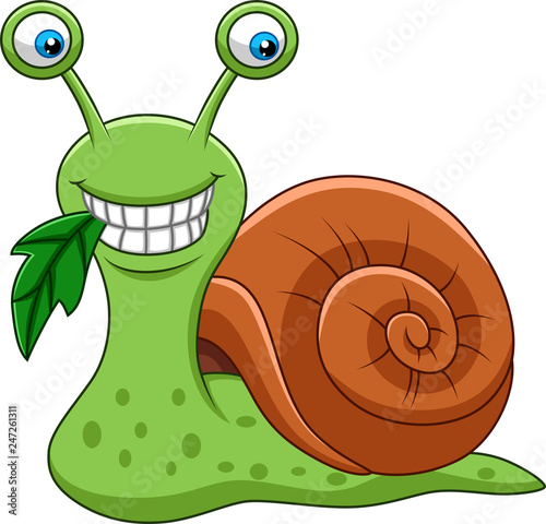 Cartoon funny snail eating a leaf
