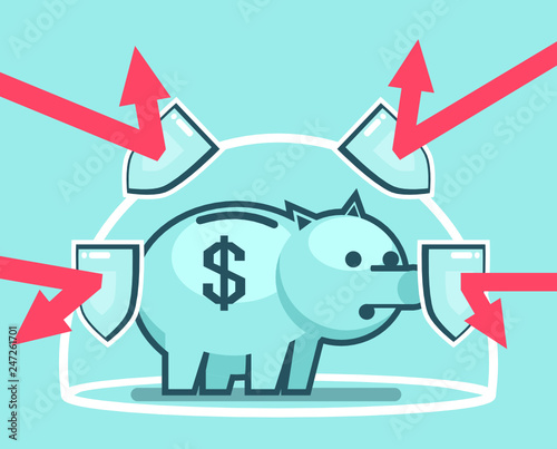 Piggy bank stands in force field protected from outside dangers. Financial insurance concept. Simple style vector illustration