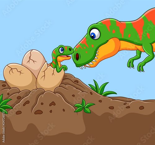 Cartoon Tyrannosaurus with her baby hatching 