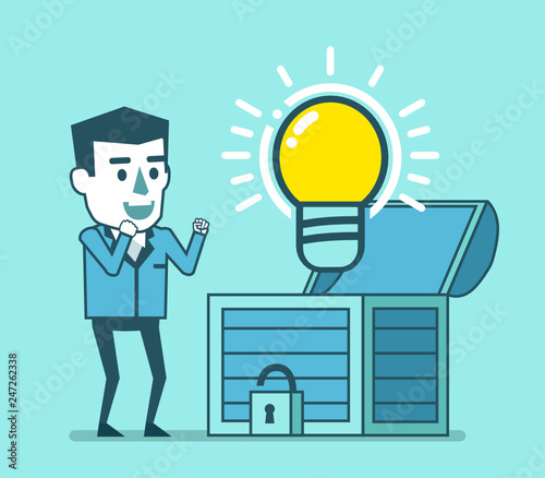 Happy businessman finds idea in treasure chest. Inspiration, unlock creativity, startup idea. Simple style vector illustration
