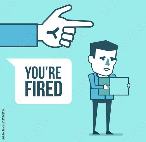 Hand points to sad businessman. You are fired from job, unemployed concept. Simple style vector illustration