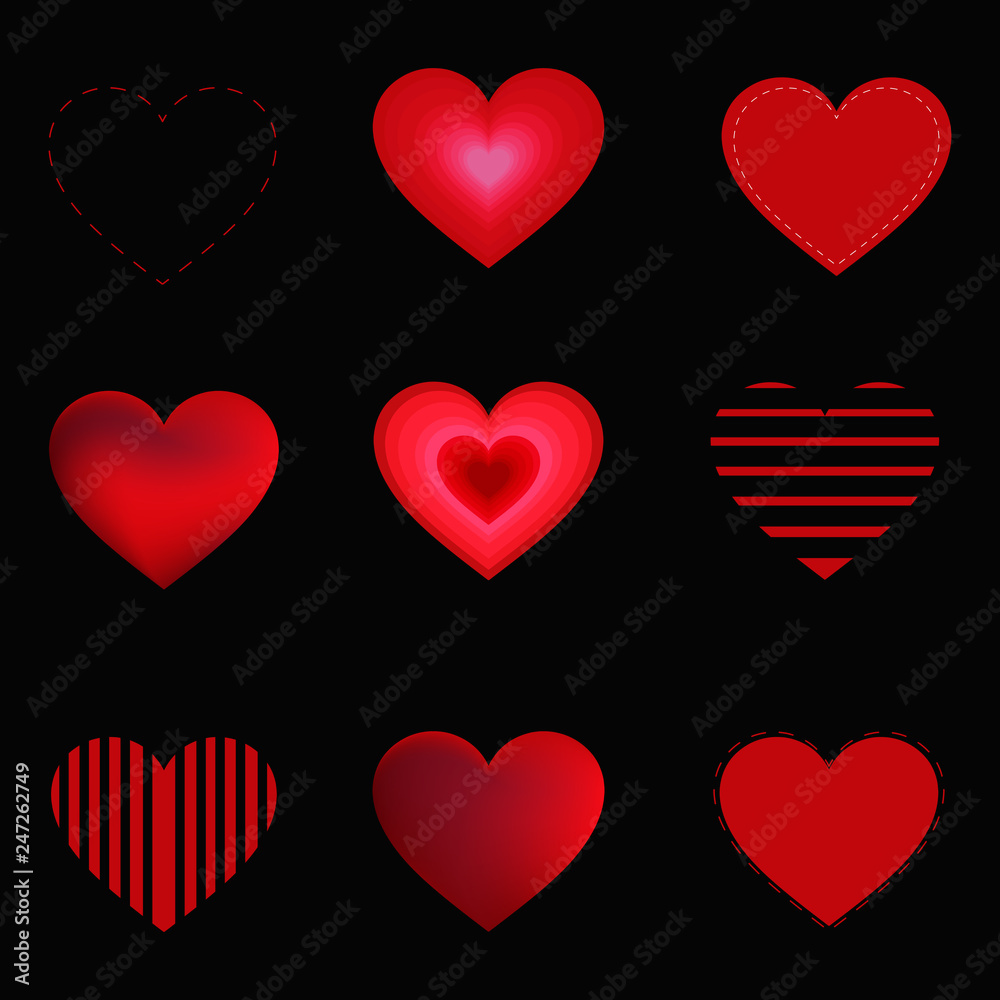 Hearts set isolated on black background
