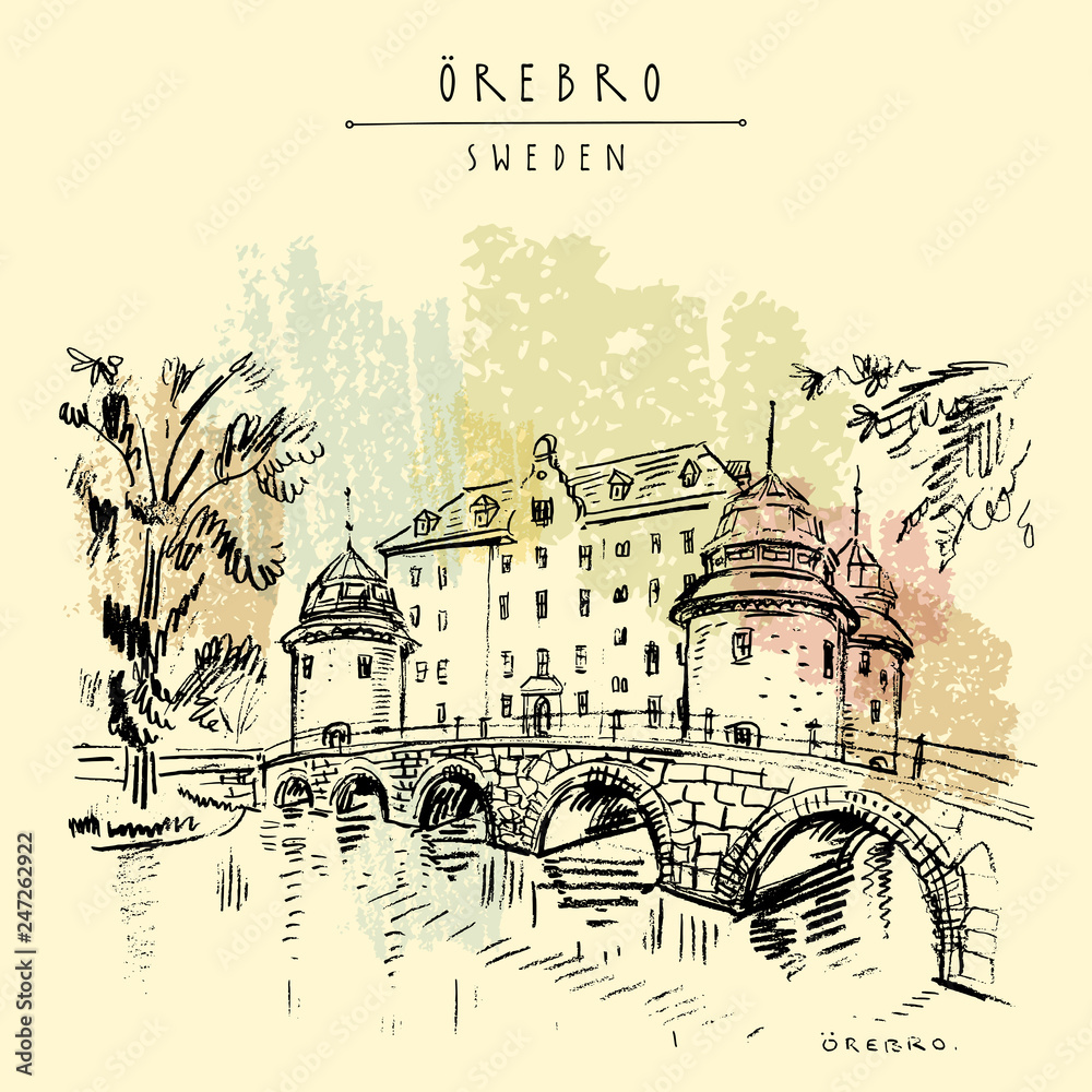 Orebro Castle, Sweden. Old town. Hand drawn vntage touristic postcard