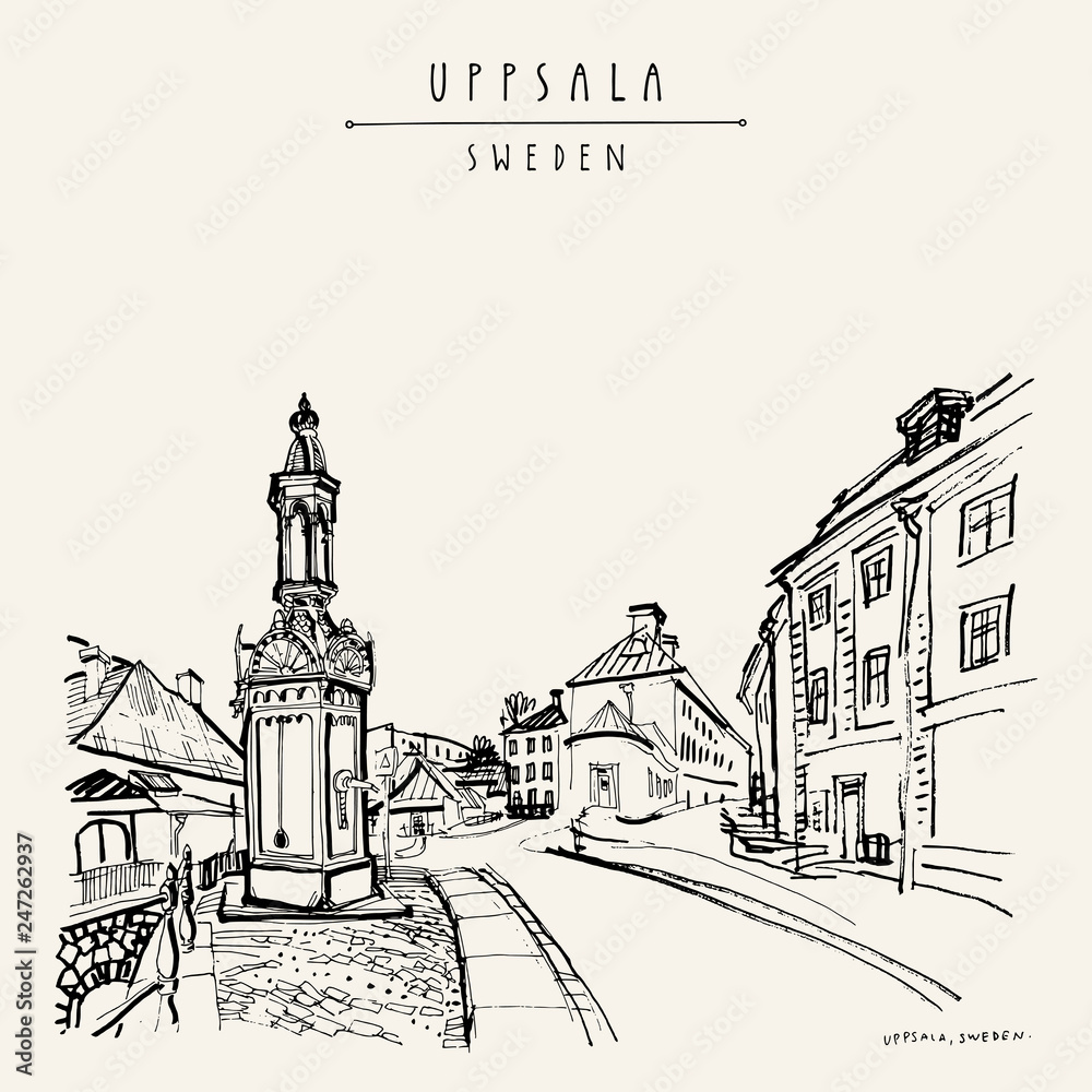 Uppsala, Sweden. Old town. Hand drawn vntage touristic postcard