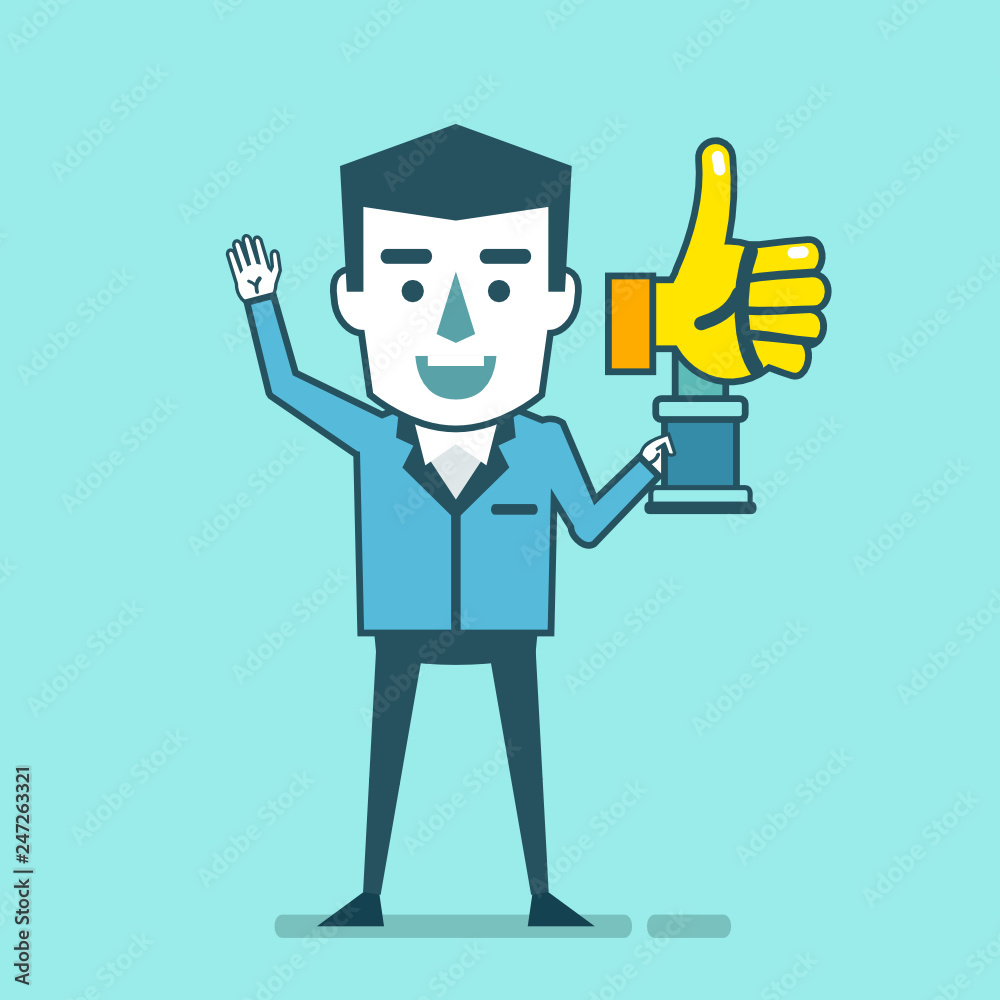 Happy businessman holds golden thumb up award. Successful social media marketing concept. Simple style vector illustration