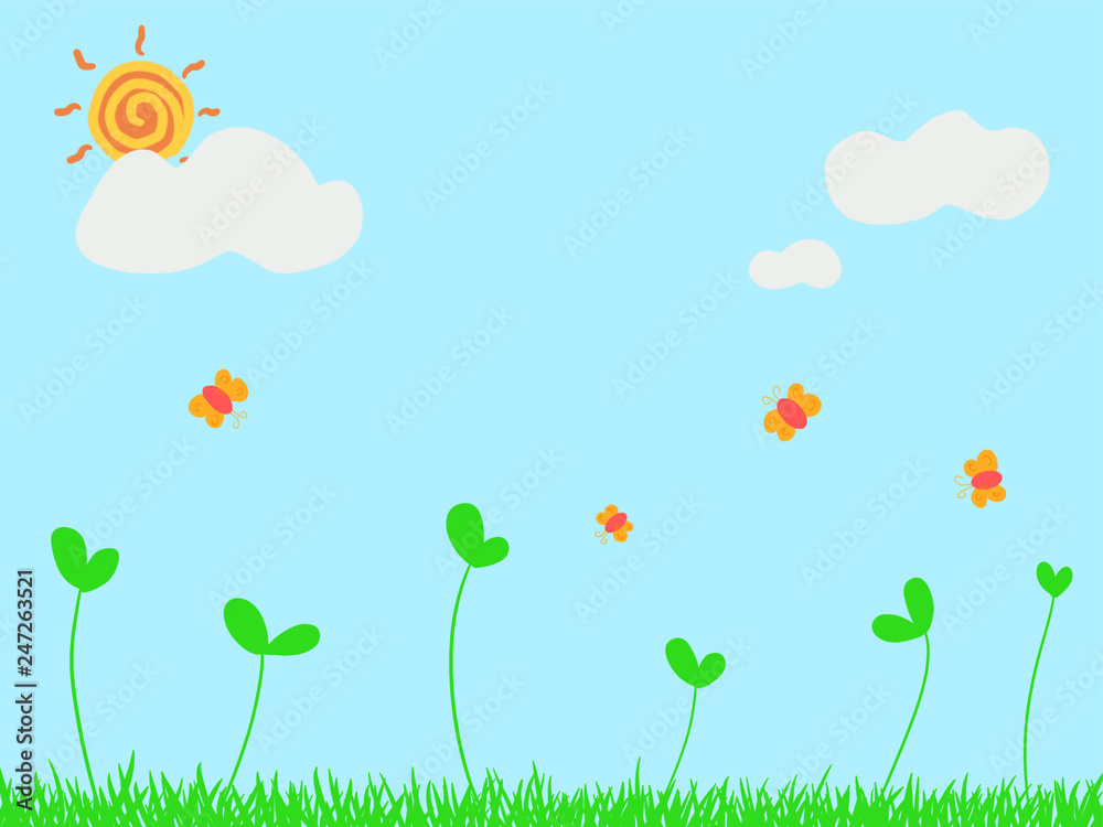 새싹과 잔디 그리고 나비와 구름과 태양 