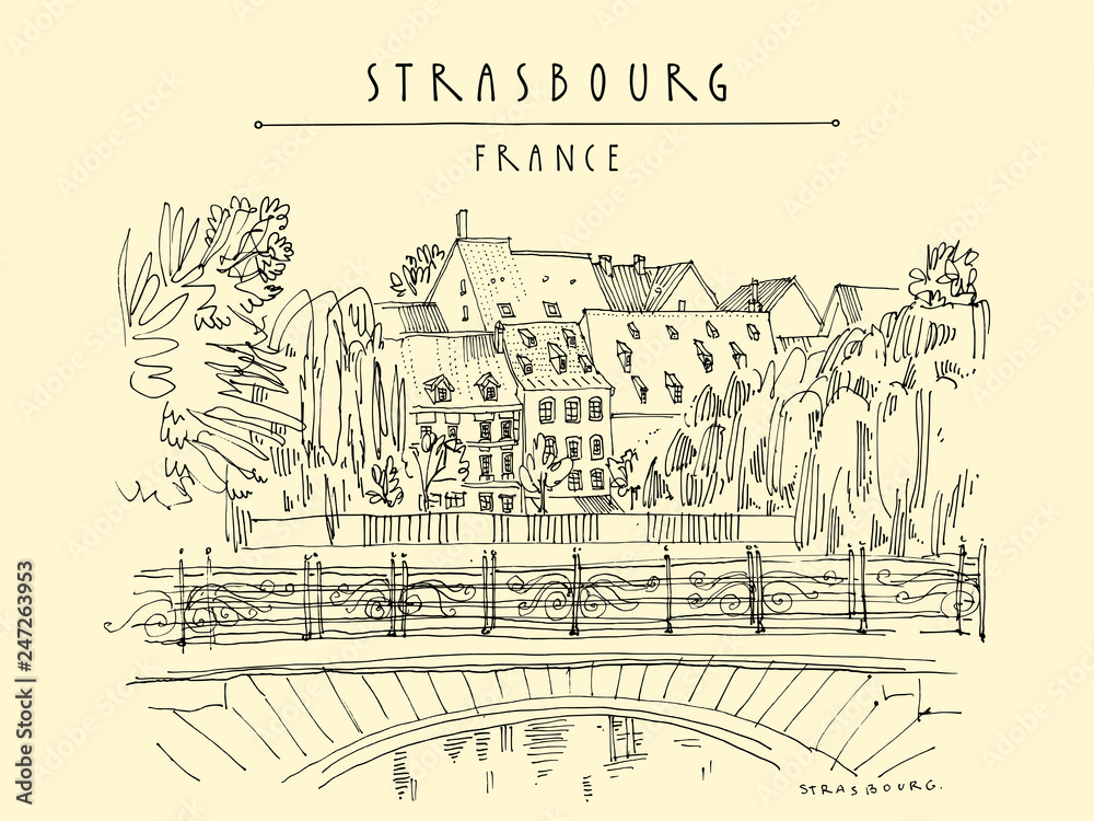 Strasbourg, France, Europe. Bridge, trees and old houses. Vintage hand drawn touristic postcard Strasbourg, France, Europe. Bridge, trees and old houses. Vintage hand drawn touristic postcard