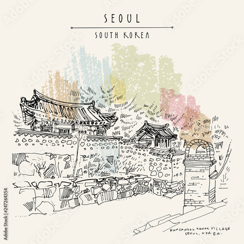 Seoul, South Korea. Hanok Namsangol, traditional Korean village. Hand drawn vintage touristic postcard photo
