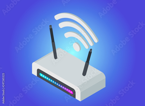 Wireless Network Wi-Fi Router of Isometric 3D vector illustration, Isolated on blue background. High speed internet connection, computer network and telecommunication technology.