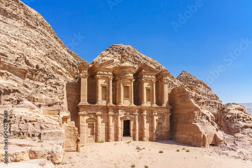 Famous facade of Ad Deir in ancient city Petra, Jordan. Monastery in ancient city of Petra. The temple of Al Khazneh in Petra is one of UNESCO World Heritage Sites and one of the world wonders photo