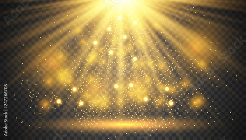 Transparent glow light effect with sunray.Gold glitter powder splash background. Golden dust. Magic mist glowing. 