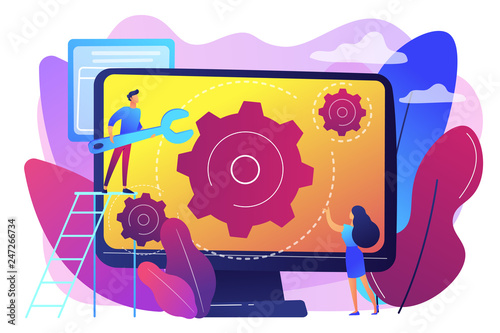 Computer technician with wrench repairing computer screen with gears. Computer service, laptop repair center, notebook setup service concept. Bright vibrant violet vector isolated illustration
