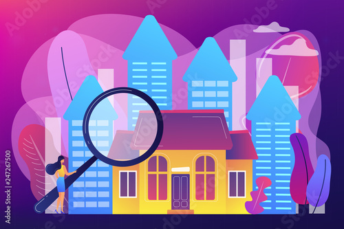 Real estate customer with magnifier looking for property for sale. Real estate market, real estate transactions, property market concept. Bright vibrant violet vector isolated illustration