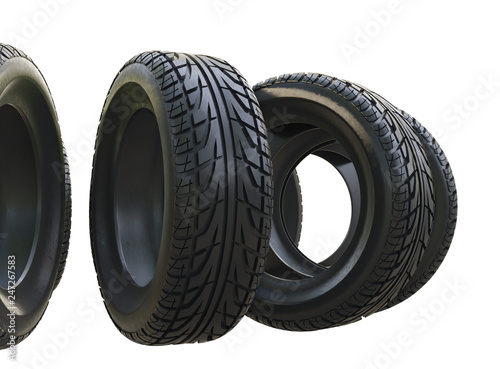 Group black tires, isolated © cherezoff