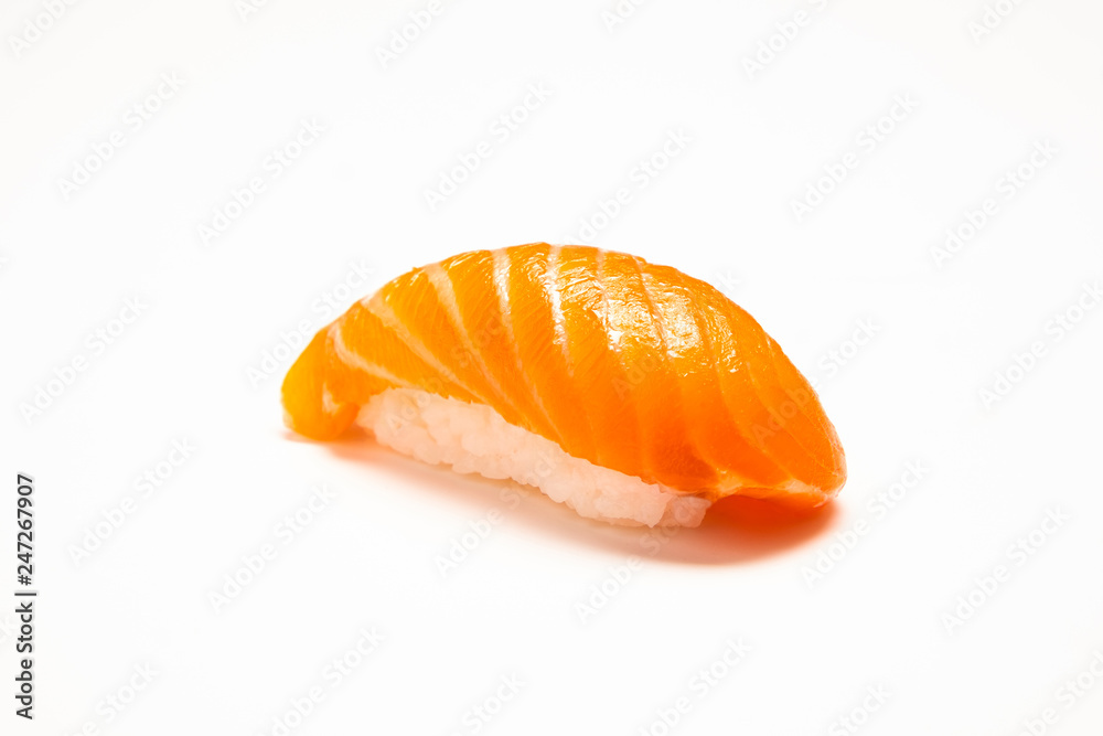 Sushi Salmon, Japanese food chopsticks and wasabi with withe plate isolated Sushi Salmon, Japanese food chopsticks and wasabi with withe plate isolated