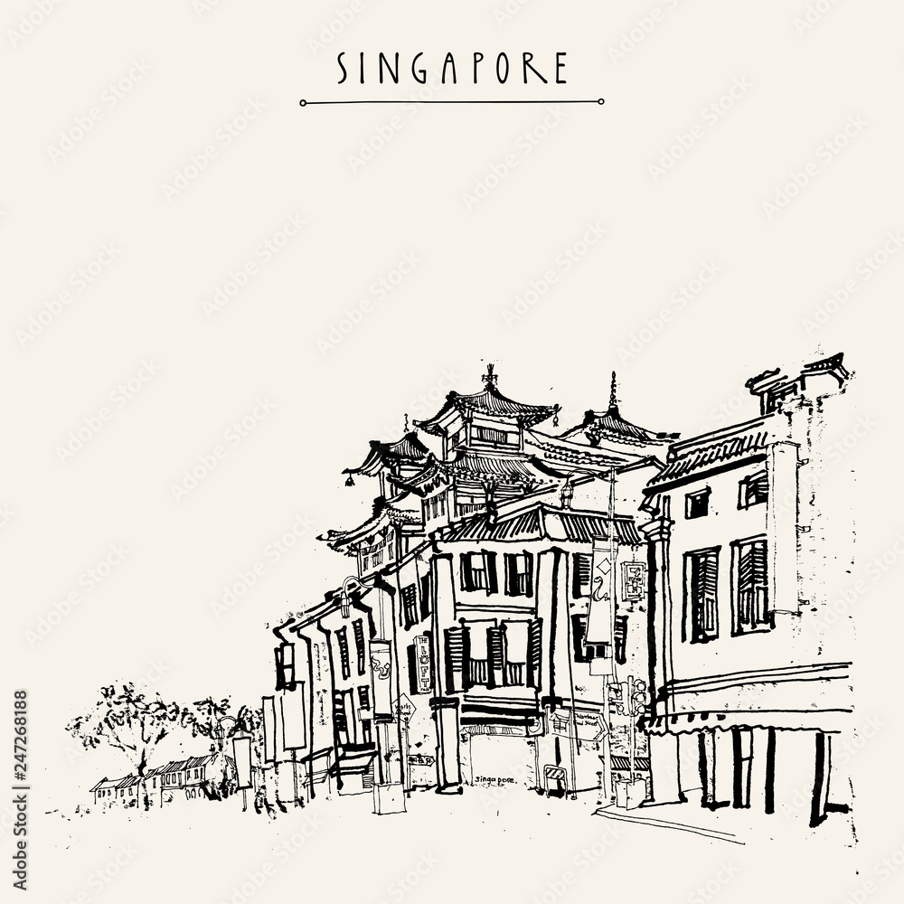 Singapore vintage hand drawn travel postcard