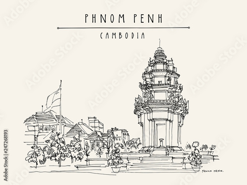 Phnom Penh, Cambodia. Independence monument travel sketch. Artistic travel postcard photo
