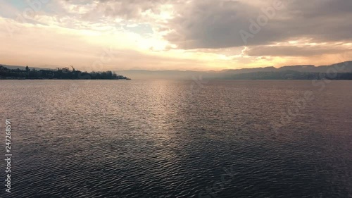 Static view of lake Zurich from Bürkliplatz shipstation in sunset, 4k photo