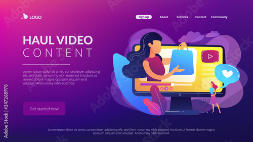 Business woman enjoys video with buyer on shopping sprees. Shopping sprees video, haul video content, beauty fashion lifestyle channel concept. Website vibrant violet landing web page template.