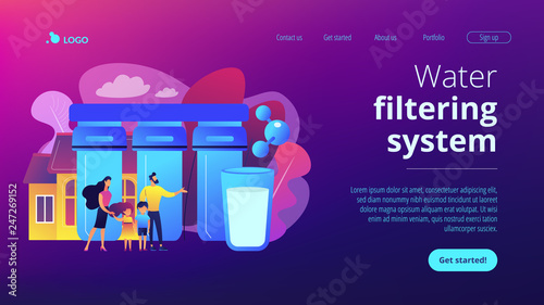 Family with kids use home purification filters to lower contamination. Water filtering system, home water treatment, water delivery service concept. Website vibrant violet landing web page template.