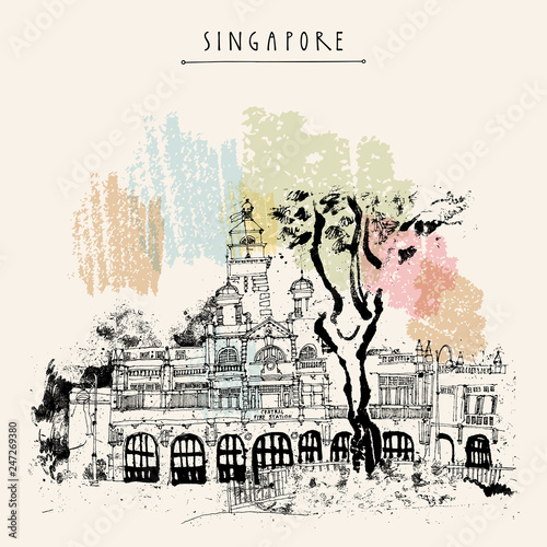 Photography Singapore vintage hand drawn travel postcard