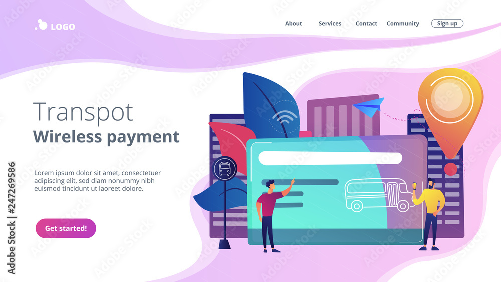 Bus travel card and users. Public transport pass, unlimited or pre-purchased trips, passenger card and transportation, transpot wireless payment concept, violet palette. Website landing web page