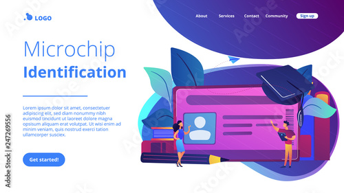 School smart card with photo and users. Student profile and school attendance, student identification with microchip, school access and payment concept, violet palette. Website landing web page
