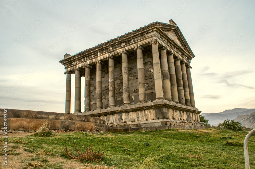 Side view of the medieval pagan temple built in honor of the Sun God Mithras in the village of Garni, located near Yerevan