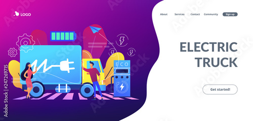 Eco-friendly elecrtic truck with plug charging battery at the charger station. Electric truck, eco-friendly logistics, modern transportation concept. Website vibrant violet landing web page template.