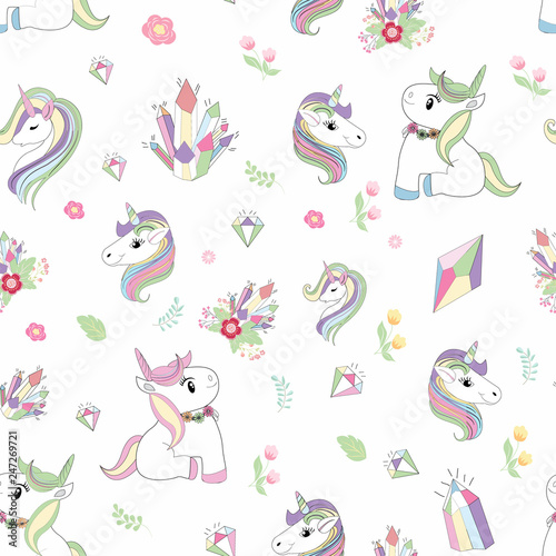 Unicorn  diamond and  flower seamless pattern hand drawing isolated on white background.