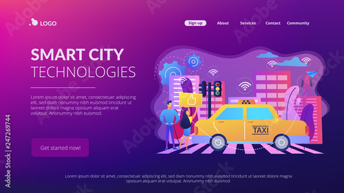 City using intelligent transportation system technologies. Intelligent transportation system, traffic management, smart city technologies concept. Website vibrant violet landing web page template.