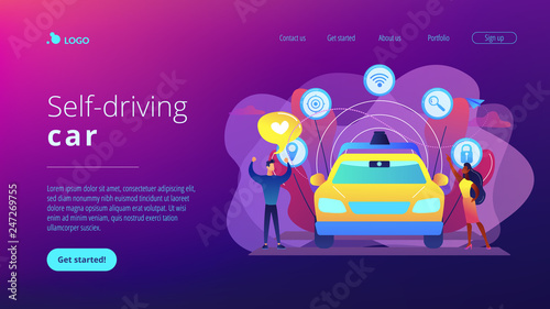 Businessman likes autonomous driverless car with smart technology icons. Autonomous driving, self-driving car, future transport system concept. Website vibrant violet landing web page template.