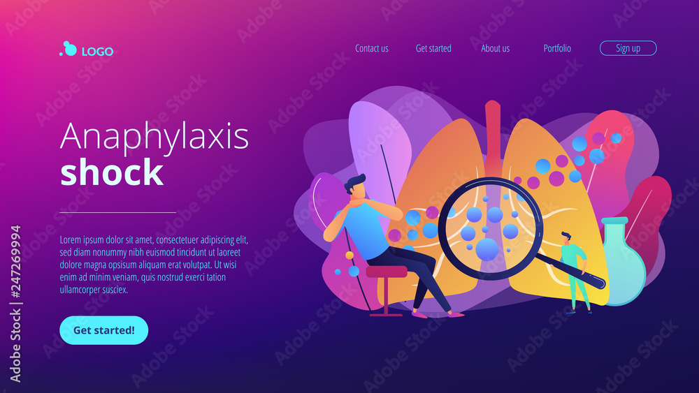 Male patient with anaphylactic symptoms and doctor with magnifier. Anaphylaxis, anaphylaxis shock treatment, allergic reaction help concept. Website vibrant violet landing web page template.