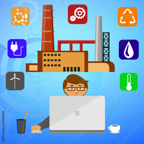 Eco friendly factory on a digital touch screen tablet