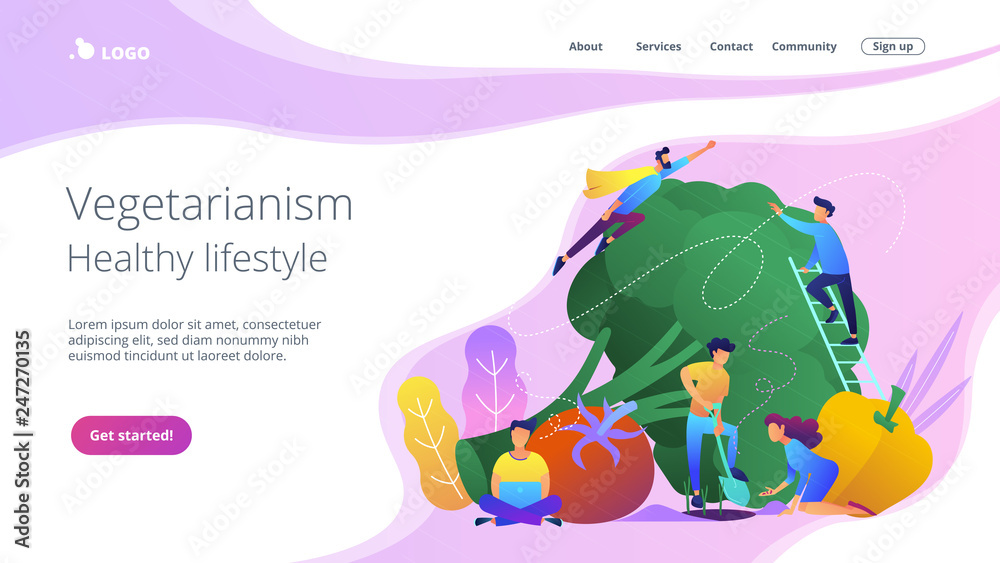 People taking care of vegetables. Vegetarianism, healthy lifestyle landing page. Veggie recipe, vegetarian diet, meat abstaining, eco friendly, violet palette. Vector illustration on background.