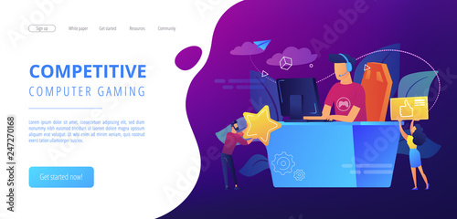 Professional e-sport player at desk playing video game and getting likes. E-sport, cybersport market, competitive computer gaming concept. Website vibrant violet landing web page template.