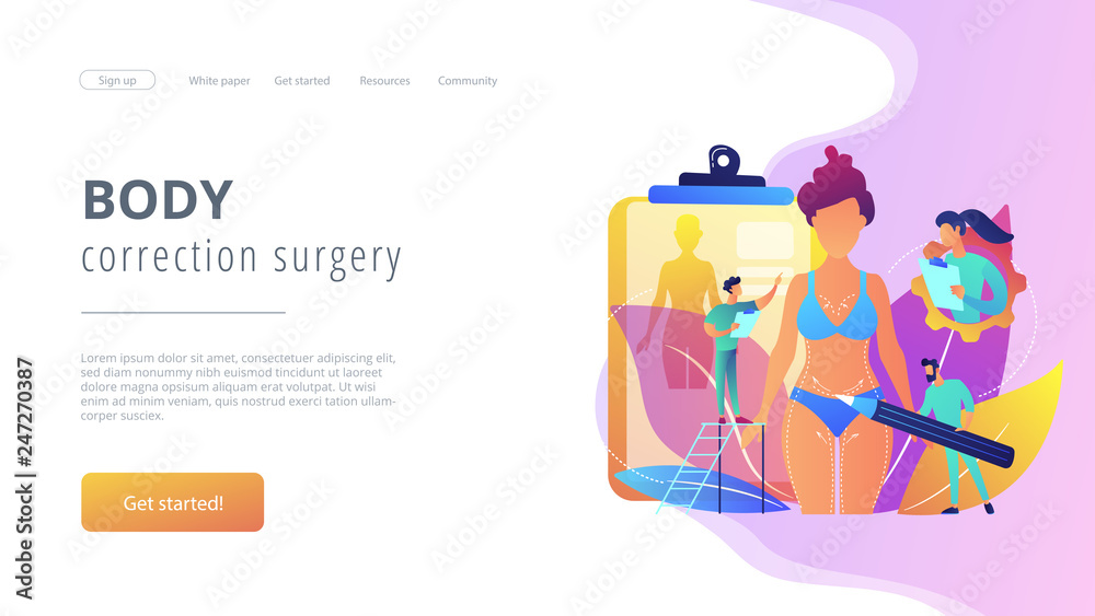 Plastic surgeons doing pencil marks and preparing body contouring of woman. Body contouring, body correction surgery, body plastic service concept. Website vibrant violet landing web page template.