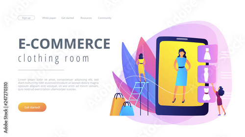 Shopper trying on clothes size and style in virual fitting room on tablet. Virtual fitting room, online dressing, e-commerce clothing room concept. Website vibrant violet landing web page template.
