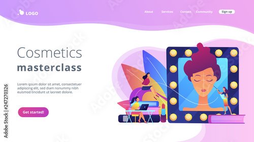 Students listening to teacher on training courses in professional makeup skills. Makeup courses, make up school, cosmetics masterclass concept. Website vibrant violet landing web page template.