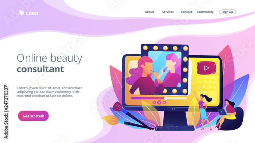 Female user watches beauty blogger showing latest trend makeup tutorial. Beauty blogger, beauty blog production, online beauty consultant concept. Website vibrant violet landing web page template.