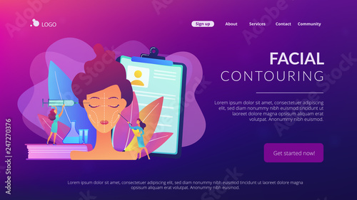 Surgeons with syringe doing facial contouring surgery to woman. Facial contouring, medical face sculpting, facial correction surgery concept. Website vibrant violet landing web page template.