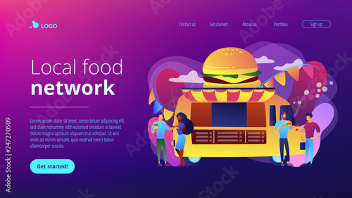 Business people at truck with burger eating fast food and drinking coffee. Street food festival, local food network, world cuisine festival concept. Website vibrant violet landing web page template.
