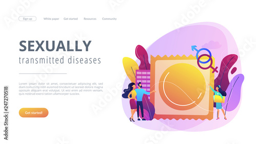 Couple prevent sexually transmitted infections with condom. Sexually transmitted diseases, safer sexual behavior, sexual infection treatment concept. Website vibrant violet landing web page template.