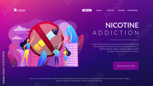 Business woman pointing at no smoking sign and people with cigarettes. Smoking cigarettes, nicotine addiction, smoking health risks concept. Website vibrant violet landing web page template.